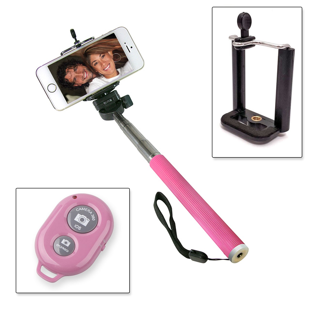 Selfie Stange Teleskop Stick Stab + Bluetooth IOS Android Fernbedienung Pink